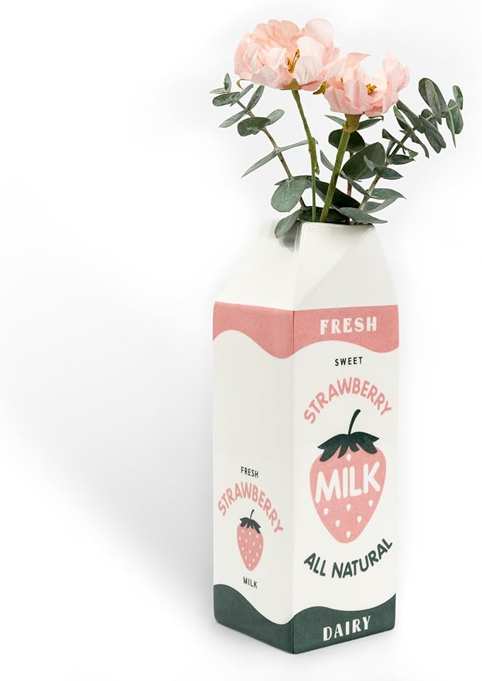 Retro Strawberry Milk Carton vase –Vintage Inspired Kawaii Ceramic -Pink Strawberry Flower vase -Cute Accent Decor for Your Home Kitchen Office