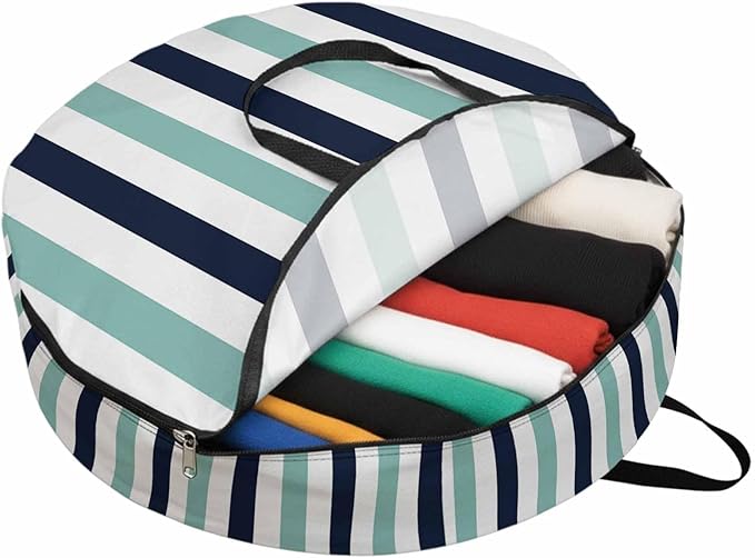 Storage Bag Navy Blue Teal Stripes Round Storage Totes Bins Closet Organizers with Zippers & Handle Contrast Striped Clothes Storage Container for Bedroom Dorm Space Saving Packing Supplies Bags