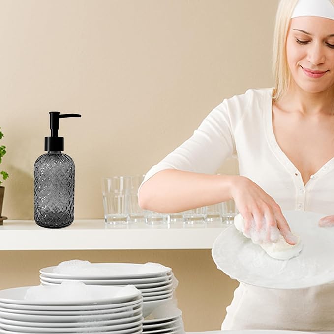 Grey Glass Soap Dispenser with Black Plastic Pump, 13.5oz Refillable Liquid Hand Dispenser, Lotion Dish Soap Dispenser for Modern Home Decor, Bathroom, Kitchen Countertop, Hotel