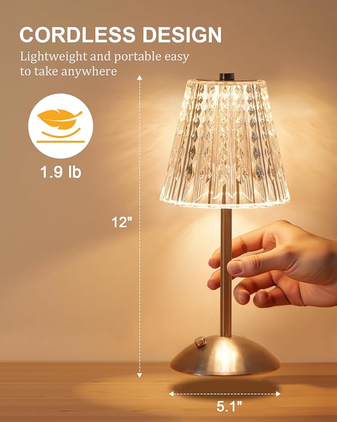 Nusogon Cordless Touch Table Lamp, LED Rechargeable Small Dask Lamp, 3 Colors Dimmable Battery Operated Crysta Lamp for Bedroom Restaurant Kitchen Home Decor,Silver