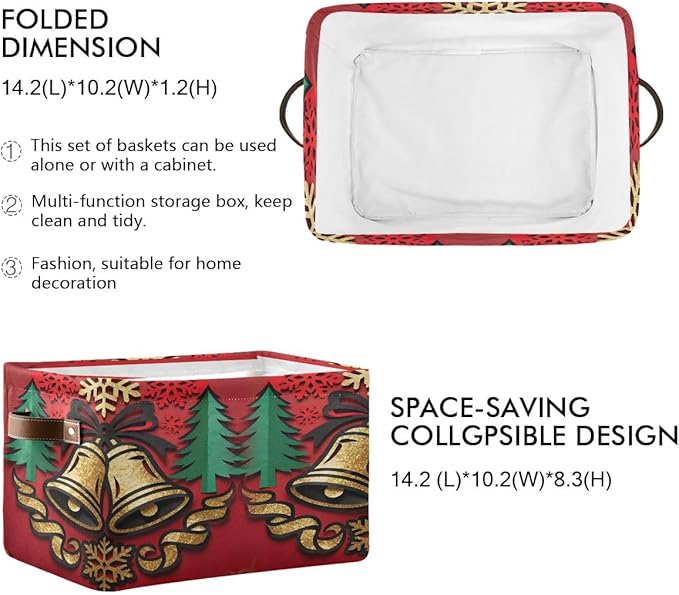 Christmas Storage Basket, Collapsible Canvas Organizer with Festive Bells Pattern, 14.2x10.2x8.3 Inches, Red Holiday Design with Leather Handles, for Bedroom Storage