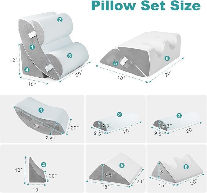 Hansleep Bed Wedge Pillow Set for After Surgery 6PCS, Post Surgery Pillow for Sleep Apnea and Acid Reflux Relief, Adjustable Reading Pillows Back Support with Memory Foam, White, 20"