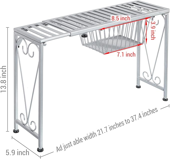 MyGift Silver Metal Over The Sink Organizer Shelf with Pull Out Drawer, Expandable Kitchen Caddy Rack, Bathroom Storage Shelf Riser with Scrollwork Design