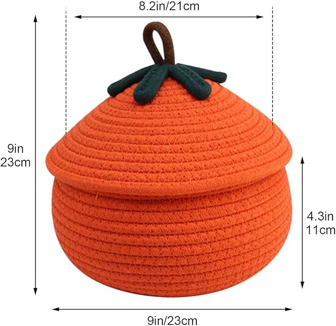 Pumpkin Basket with Lid, Halloween Woven Storage Basket Woven Storage Basket Halloween Pumpkin Design, Decorative Seasonal Rope for Keys, Books