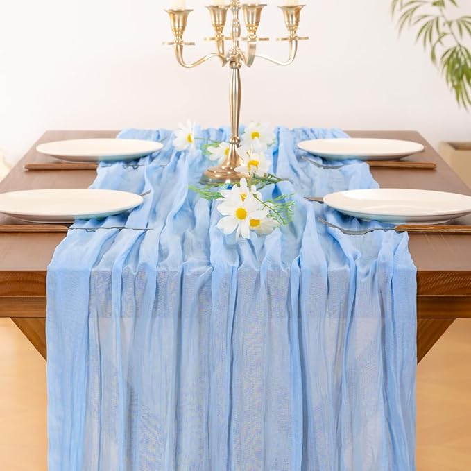 Socomi 2pcs Light Blue Cheesecloth Table Runner Easter Spring Boho Rustic Gauze 120 inch 10FT Cheese Cloth Runner for Wedding Party Baby Shower Birthday Home Decor Holiday Decorations