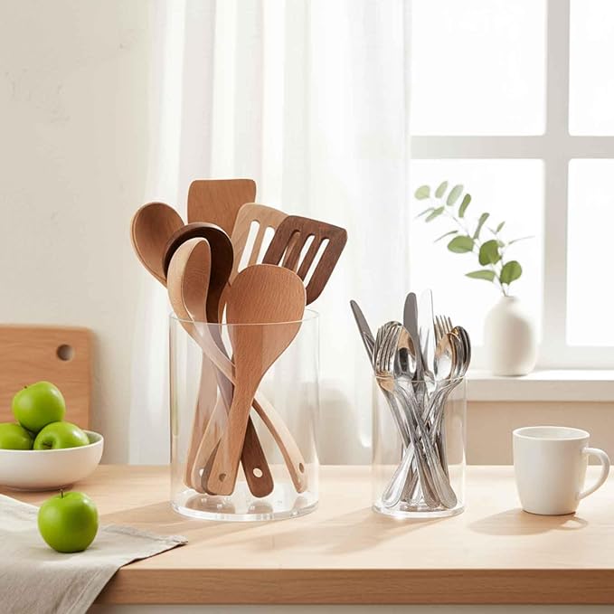 Threehoney Clear Utensil Holder 6.8''+5.4''acrylic Kitchen Counter Utensil Crock Plastic Cooking Tool Organizer Easy to Clean Cooking Spoon Holder for Spatula Modern Kitchen Accessories