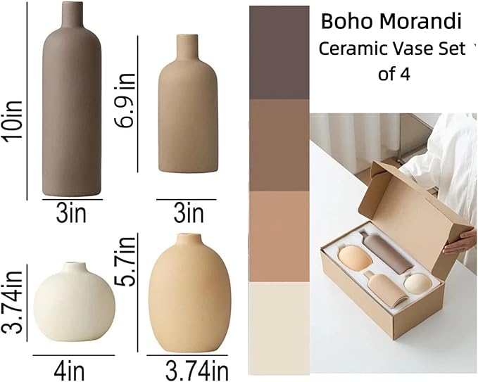 Neutral Boho Ceramic Decorative Vase Set, Modern Matte Minimalist Vases for Shelf, Coffee Table, Living Room & Fireplace Mantel Decor