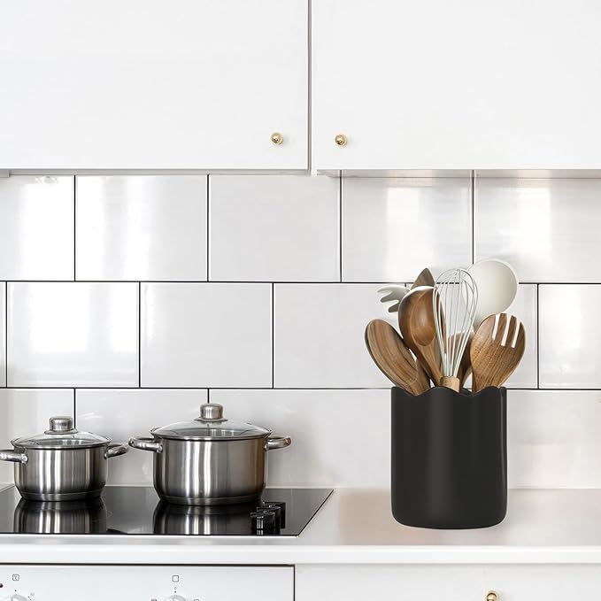 Ceramic Utensil Holder for Kitchen Counter, 6.2" Kitchen Utensil Holder with Cork Bottom for Countertop, Modern Scalloped Cooking Tool Organizer for Spatula, Matte Black