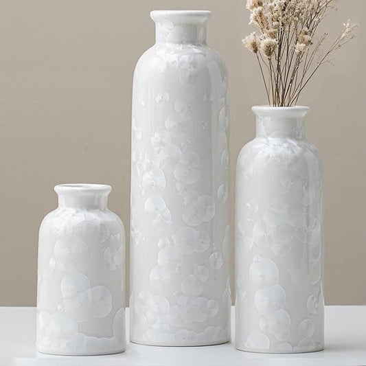 Modern Ceramic Vase Set of 3, White Crystalline Glaze Colors, Decorative Bottles for Home, Farmhouse Rustic Decor Housewarming Gifts, Wedding Gifts, Birthday Gifts for Women(Crystalline Glaze White)