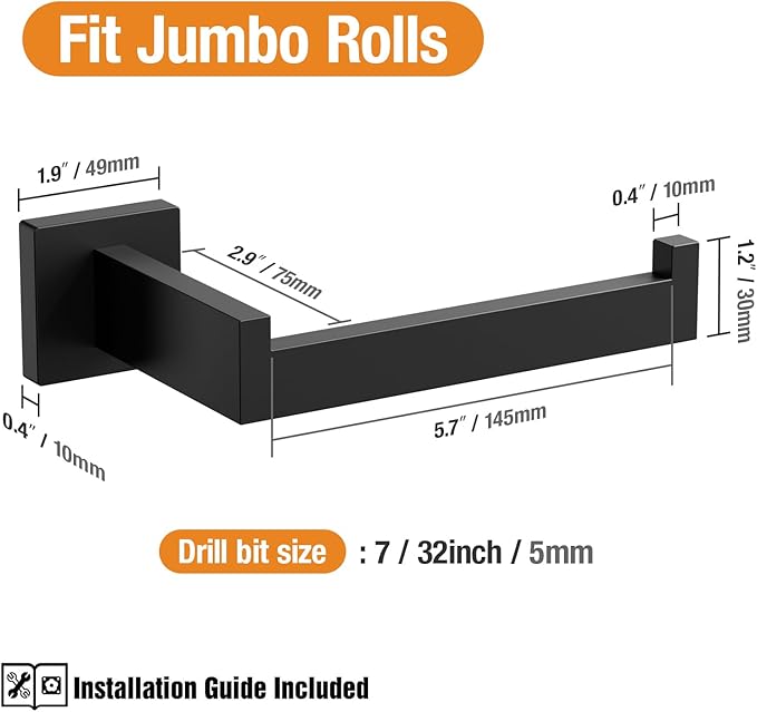 HITSLAM Matte Black Fit Jumbo Rolls Large Toilet Paper Holder Wall Mount Premium 304 Stainless Steel Square Toilet Paper Roll Holder for Bathroom Rustproof