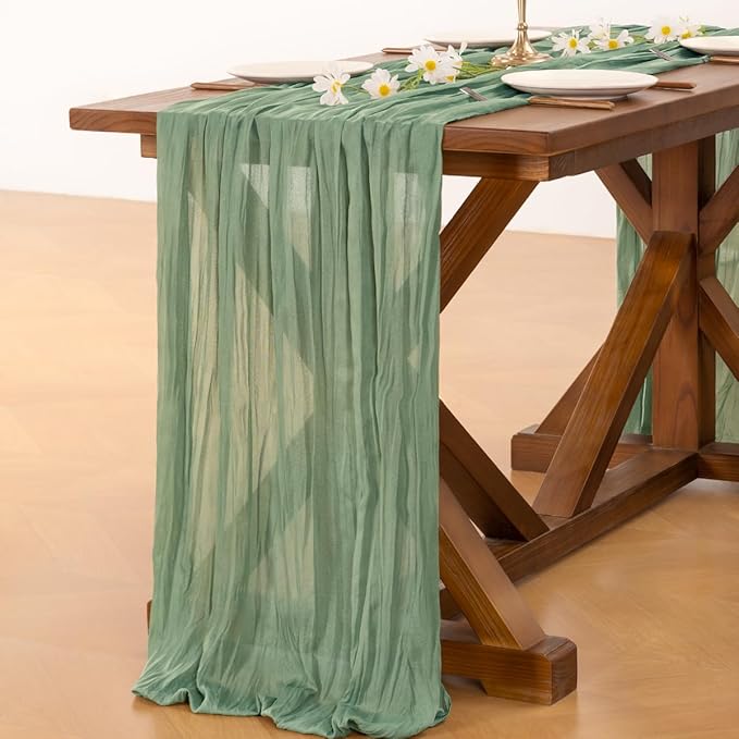 Socomi 6pcs Sage Green Cheesecloth Table Runner Easter Spring Boho Rustic Gauze 120 inch 10FT Cheese Cloth Runner for Wedding Party Baby Shower Home Decor Holiday Decorations