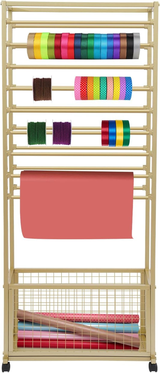 Mobile Ribbon Holder Double-Sided Ribbon Organizer Rack with 20 Hanging Rods Multifunctional Flower Wrapping Paper Storage Stand with Lockable Wheels Wrapping Paper Rack (26.38*12.6*66.93in, Gold)