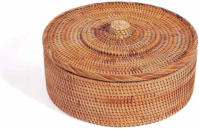 Fengyan Storage Natural Autumn Rattan Storage Basket, Dining Coffee Table Plate, Braided Nut Ornaments with Lid(Small)