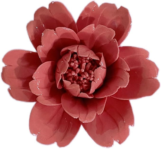 AMERRY Peony, 2.76" 3D Handmade Porcelain Flower Wall Art Decor, 3D Ceramic Flower Wall Decor, Home Office Decor, Unique Gift for Home Office Decor,Girls (Red)