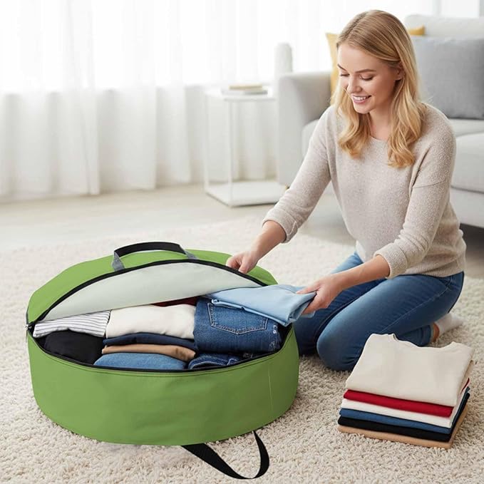 24 Inch Round Storage Bag 1 Pack,Watercolor Green Waterproof Wreath Storage Container with Handles&Zipper Solid Color Closet Organizer Bags Garland Box