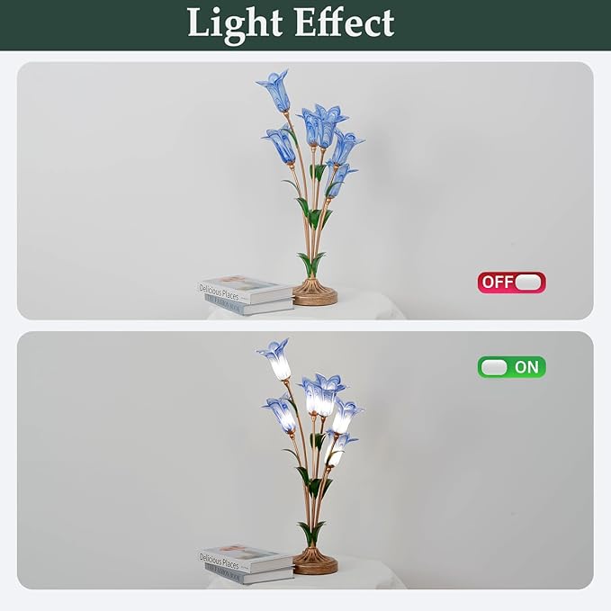 Skyblaze Classic Style Table Lamp with Flower Glass Shade, Elegant Flower Night Light, Art Deco Accent Table Lamp for Bedroom Living Room (Blue, 6 Lights)