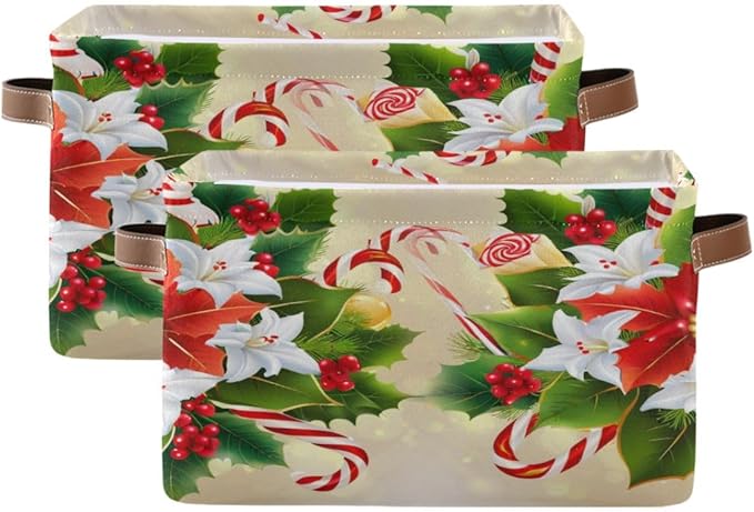 Christmas Storage Basket, Collapsible Canvas Organizer, 14.2x10.2x8.3 Inches, Water Resistant, Festive Holiday Design with Steel Frame, Rectangular Storage Box for Bedroom Organization