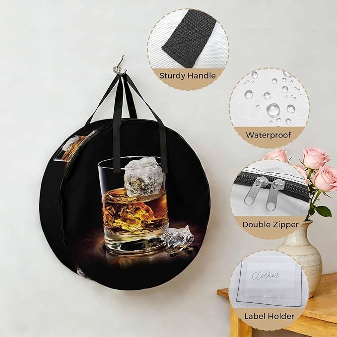 Storage Bag Whisky Glass Cups Round Storage Totes Bins Closet Organizers with Zippers & Handle Iced Wine Clothes Storage Container for Bedroom Dorm Space Saving Packing Supplies Moving Bags