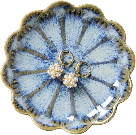 Lotus Ring Holder Dish Small Indoor Ash Tray, Ceramic Dessert Plate Trinket Jewelry Holder Organizing Necklace Earrings for Parents Friends Sister, All Jewelries Are NOT Included, Retro Blue.