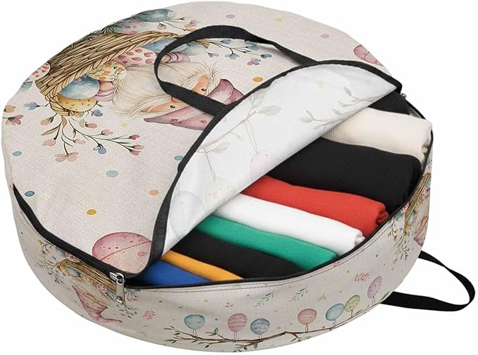 Easter Basket Gnome Round Storage Bag 30 Inch, Vintage Pink Blue Eggs Branch Spring Floral Linen Clothes Storage Container with Handles Heavy Duty Organizer for Comforter, Bedding & Holiday Wreaths