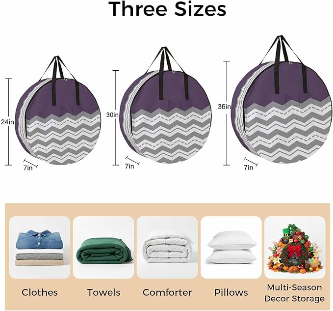 Storage Bag Purple Grey Waves Round Storage Totes Bins Closet Organizers with Zippers & Handle Chevron Stripe Clothes Storage Container for Bedroom Dorm Space Saving Packing Supplies Moving Bags