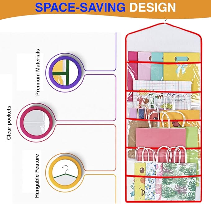ProPik Storage for Gift Bags, Tissue Paper, and Wrapping Paper - Hanging Gift Bag Storage Organizer - 38 x 16 Inch PVC (Red)