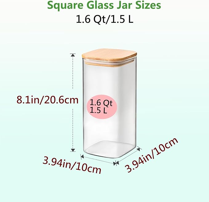 VIEWELLD 1.6 Qt Square Glass Storage Containers with Lids, Clear Food Storage Container Jar with Sealing Bamboo Lid for Noodles Flour Cereal Rice Sugar Tea Coffee Beans,Square Set of 3