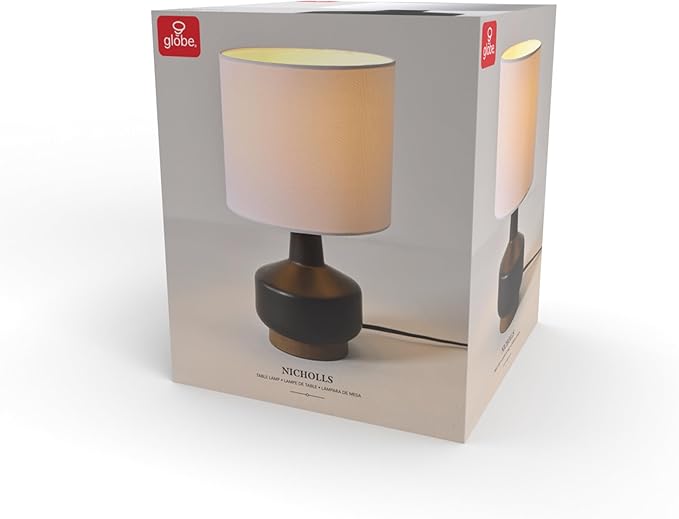 Globe Electric 15" Ceramic Table Lamp, Matte Black Base, Wood-Toned Accent, White Linen Shade, Dual Rotary Switch, Modern Bedroom or Office Lighting, 61000046