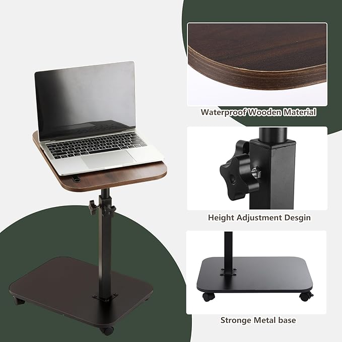 DAJAVE Sofa Armrest Tray Table for Couch, 360°Swivel TV Tray Table with Wheels for Small Spaces, Height Adjustable C Shaped End Table Snack Side Table for Sofa, Bed, Chair, Snack