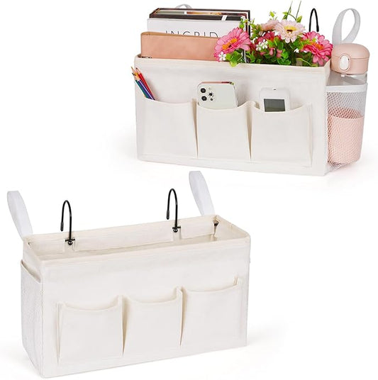 Lilithye Bedside Caddy Organizer with Fixed Straps and Water Bottle Holder for Home, College Dorm, Hospital, Crib and Bunk Bed (2pcs White)