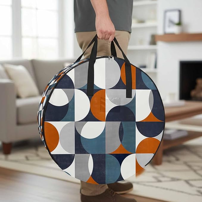 Storage Bag Mid Century Geometric Round Storage Totes Bins Closet Organizers with Zippers & Handle Abstract Modern Orange Blue Clothes Storage Container for Bedroom Dorm Space Saving Packing Supplies