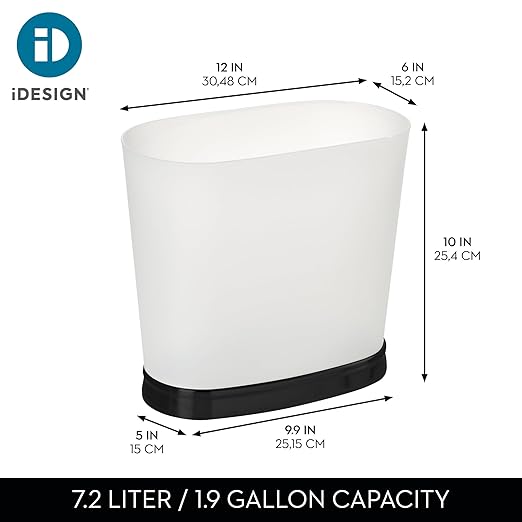 iDesign Slim Bathroom Trash Can, Small Plastic Garbage Can for Bedroom, Office, Desk, or Dorm, 2-Pack, Frost/Black