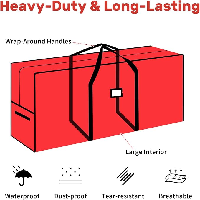 combocube Large Christmas Tree Storage Bag 7.5 ft, 600D Oxford Fabric Heavy Duty Christmas Tree Container, Waterproof Xmas Artificial Tree Storage Box with Reinforced Handles and Dual Zippers, Red