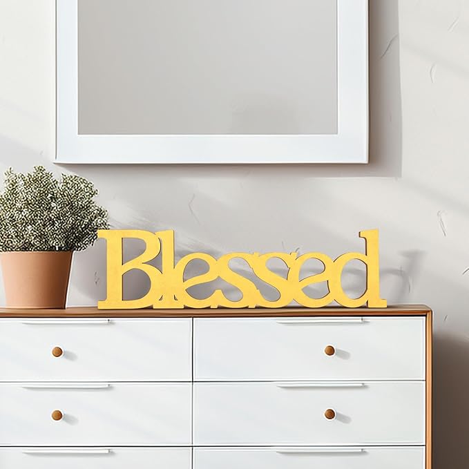 Blessed Letter Table Sign,Rustic Wooden Home Signs Decor (Gold)