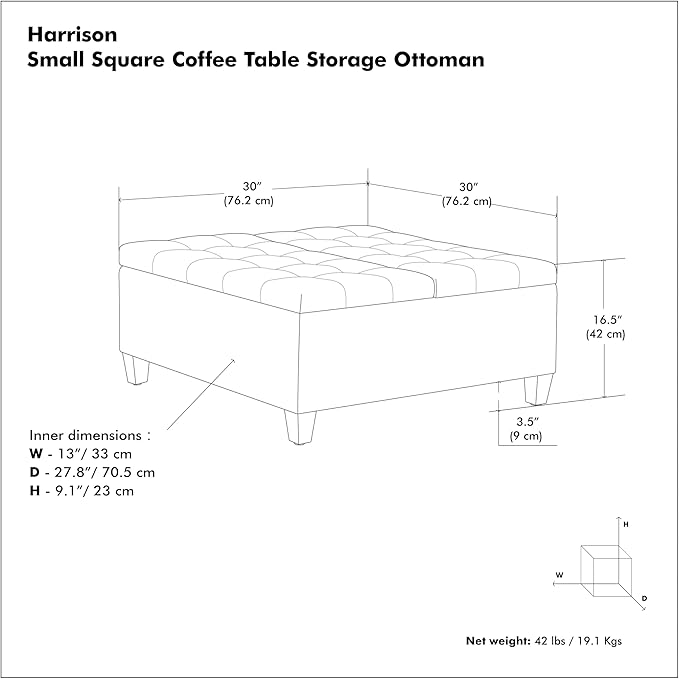 SIMPLIHOME Harrison Small Coffee Table Storage Ottoman - 30 inch Wide Upholstered Linen Look Fabric Square Lift-Top Ottoman in Slate Grey, Transitional Ottoman for Living Room with Hidden Storage