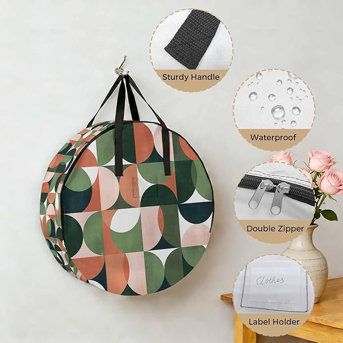 Storage Bag Mid Century Geometric Round Storage Totes Bins Closet Organizers with Zippers & Handle Abstract Modern Green Orange Clothes Storage Container for Bedroom Dorm Space Saving Packing Supplies