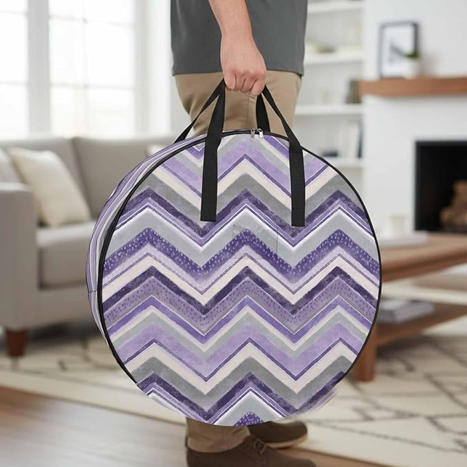 Storage Bag Purple Grey Chevron Round Storage Totes Bins Closet Organizers with Zippers & Handle Geometric Design Stripe Clothes Storage Container for Bedroom Dorm Space Saving Packing Supplies Bags