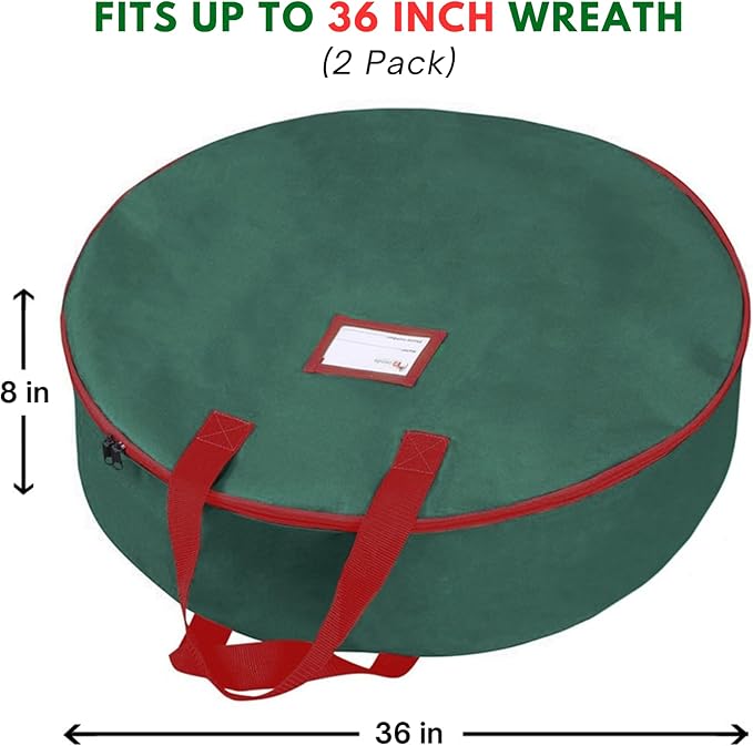 Primode Christmas Wreath Storage Bag 36" - 2 Pack Artificial Wreath Container - Garland Holiday Xmas Wreaths Holder - Sturdy Handles - Inner Straps - Card Slot Zipper Strong Oxford (36 Inch, Green)