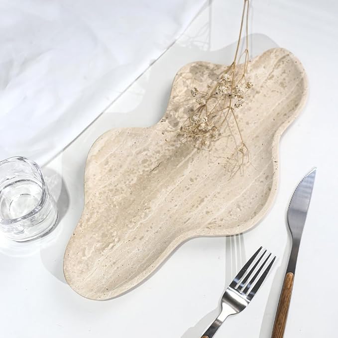 Handcrafted Travertine Decorative Tray, Cloud Shaped Tray for Vanity, Unique Trinket Dish for Jewelry Ring Necklace, Natural Stone Key Tray for Entrance Living Room Vanity (Beige 11.8" x 6.3")