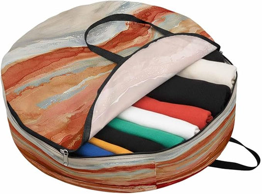 Abstract Orange Round Storage Bag 24 Inch, Gradient Beach Ocean Wave Oil Painting Clothes Storage Container with Handles Heavy Duty Organizer for Comforter, Bedding & Holiday Wreaths