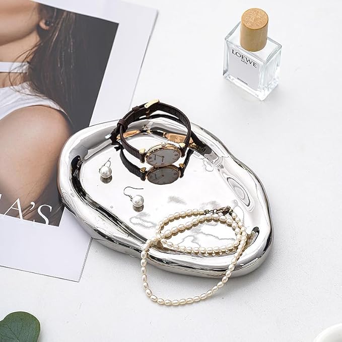 Jewelry Tray for Women, Cloud Shape Ceramic Trinket Dish, Jewelry Organizer Storage Holder for Ring Earring Bracelet Necklace, Make Up Organizer (White) (Silver)
