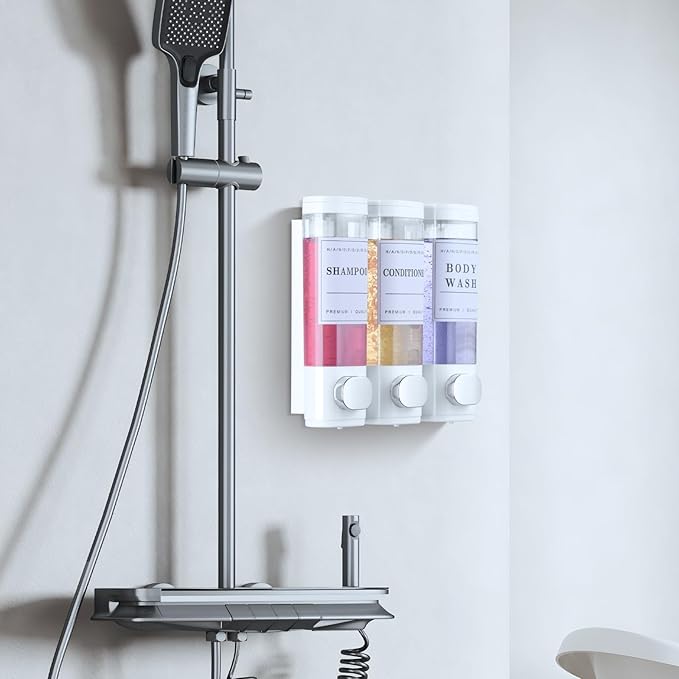 Shampoo and Conditioner Dispenser Shower Soap Dispenser Wall Mounted No Drill Shampoo Dispenser for Shower Wall Bathroom Hotel 3 * 300ml White