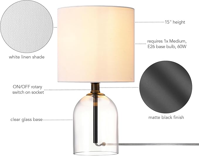 Globe Electric 15-Inch Table Lamp, Glass Base, Matte Black, White Linen Shade, Rotary Switch on Socket, 61000141