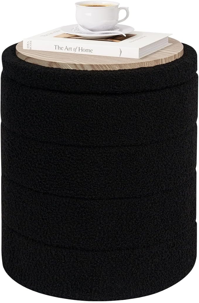 PINPLUS Round Storage Ottoman Foot Rest Stool with Tray Velvet Sherpa Folding Storage Ottoman,Boucle Foot Rest for Living Room, Bedroom, Dorm（Black）
