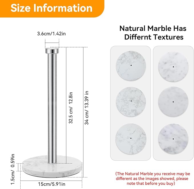 Paper Towel Holder Countertop, Kitchen Paper Towel Roll Holder for Bathroom Kitchen, Stainless Steel Paper Towel Holder with Weighted Marble Base for One-Handed Operation (Silver)