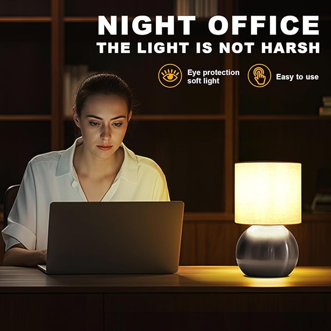 Modern Silvery Small Table Lamp with Cotton Linen Shade, 10.4-inch LED Desk Light, One-Button Switch for Bedroom, Living Room, Nightstand, Includes Warm Light Bulb