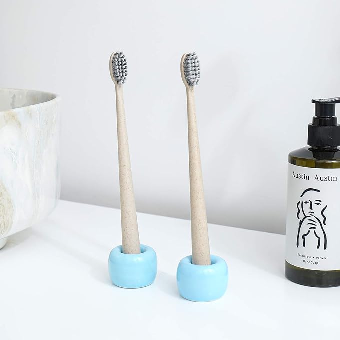 AirMoon Mini Ceramic Toothbrush Holder for Bathroom - Blue Small Countertop Organizer, Easy Clean Toothbrush Stand, Suit for Electric Toothbrush Head, Pens & Coffee Spoon, Pack of 2