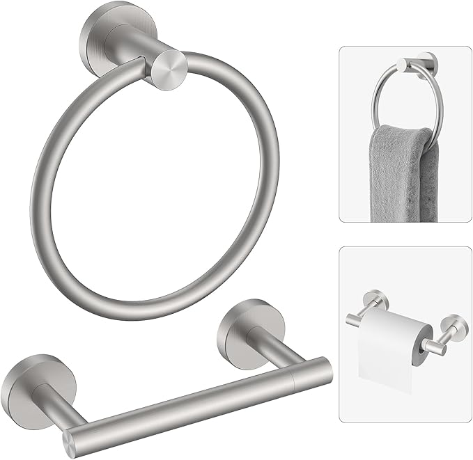 Toilet Paper Holder & Towel Holder, Bathroom Hardware Set-SUS304 Stainless Steel Double Post Pivoting Tissue Roll Holder and Hand Towel Ring Set for Bathroom, RV, Brushed Nickel