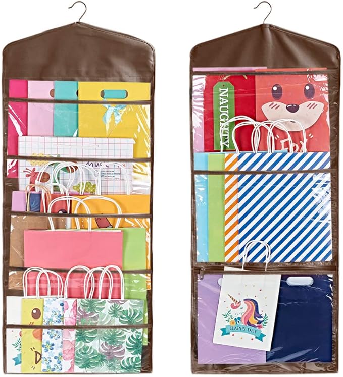 ProPik Hanging Double Sided Gift Bag Storage Organizer with Multiple Front and Back Pockets - Organize Your Gift Wrap, Tissue Paper, and Paper Bags 38 x 16 Inch PVC (Brown)