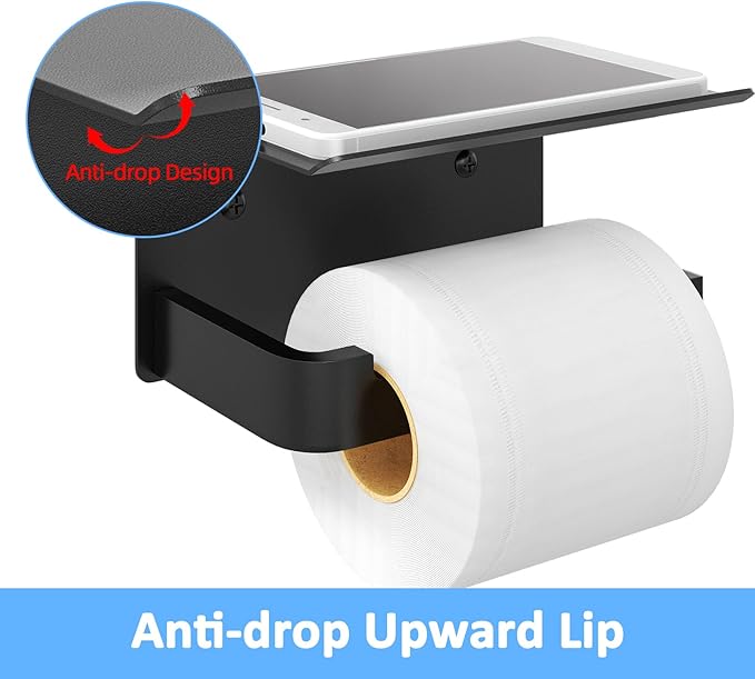 Gypie Toilet Paper Holder with Phone Shelf, Matte Black Toilet Paper Holder Wall Mount, Rustproof Stainless Steel Bathroom Storage